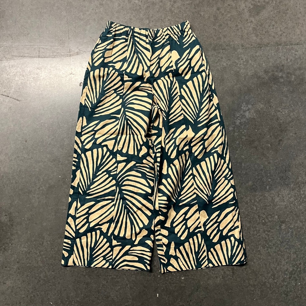 Unbranded Tropical Palm Leaf Print Wide Leg Elastic Waist Pants Teal Cream
